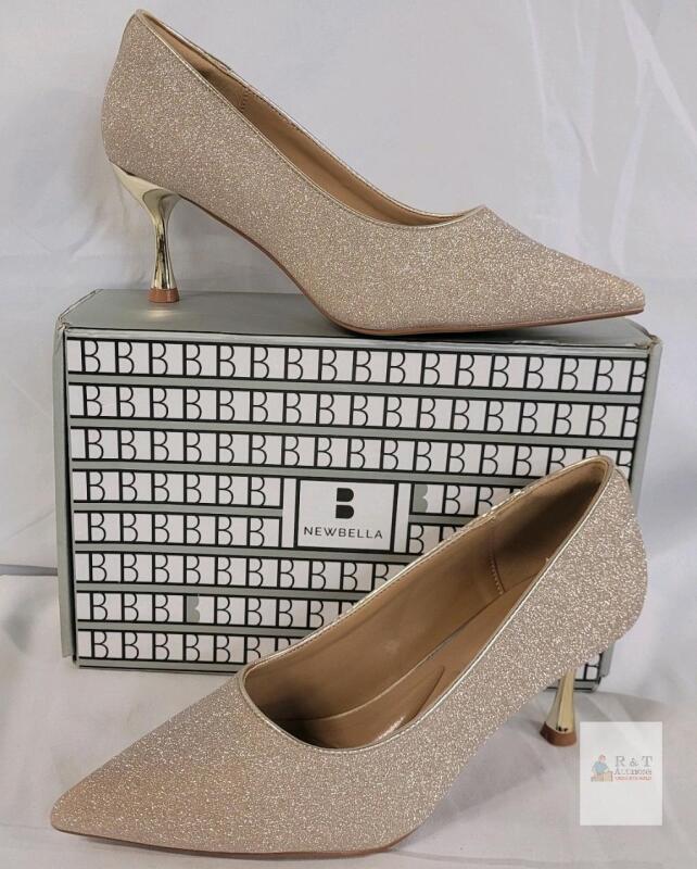 NEW NEWBELLA Women's Glitter High-Heeled Pumps, Size 8W, Champagne/Gold
