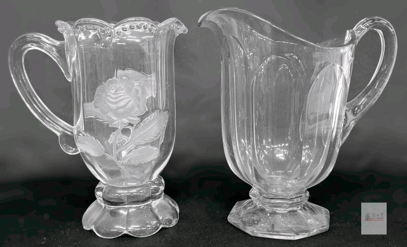 2 Vintage Super Heavy Glass Pitchers incl A.H. Heisey (Glows Faintly Under Blacklight) & Frosted Roses - Up to 9.75", No Chips or Cracks