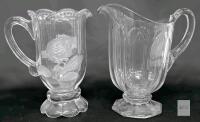 2 Vintage Super Heavy Glass Pitchers incl A.H. Heisey (Glows Faintly Under Blacklight) & Frosted Roses - Up to 9.75", No Chips or Cracks