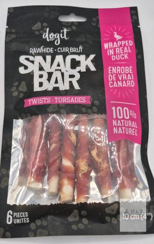 Dogit Snack Bar Twists &ndash; 6 Rawhide Dog Treats Wrapped in Real Duck, 4" Length expiration date 09/10/2027