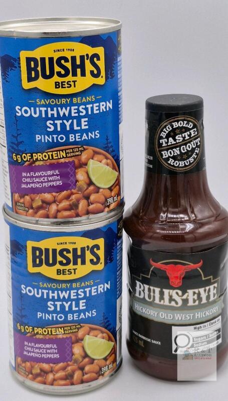 Bush&rsquo;s Best Southwestern Style Pinto Beans 2x398mL & Bull&rsquo;s-Eye Hickory BBQ Sauce 425mL Sealed 2027 AL 24.