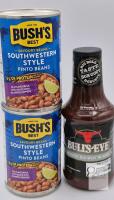 Bush&rsquo;s Best Southwestern Style Pinto Beans 2x398mL & Bull&rsquo;s-Eye Hickory BBQ Sauce 425mL Sealed 2027 AL 24.