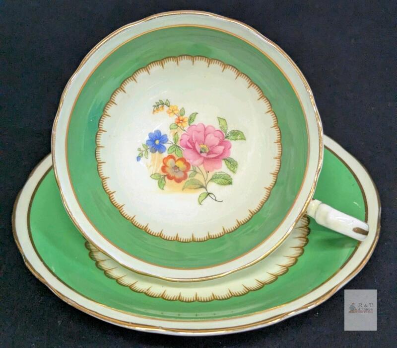 Vintage AYNSLEY English Fine Bone China Tea Cup and Saucer Green Floral & Gold Trim, Rings True, No Chips or Cracks