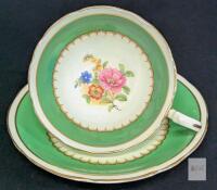 Vintage AYNSLEY English Fine Bone China Tea Cup and Saucer Green Floral & Gold Trim, Rings True, No Chips or Cracks