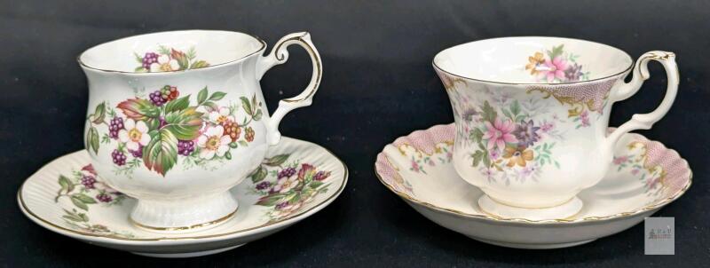 Vintage Royal Albert "Serenity" & Queen's "Wild Flowers" Bone China Tea Cups & Saucers, Ring True, No Chips or Cracks