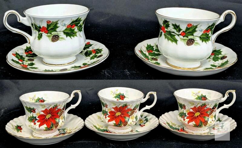 10pc Bone China Tea Cups & Saucers : Royal Albert "Poinsettia" + "Yuletide", Royal Grafton, Royal Tuscan "Noel"