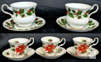 10pc Bone China Tea Cups & Saucers : Royal Albert "Poinsettia" + "Yuletide", Royal Grafton, Royal Tuscan "Noel"