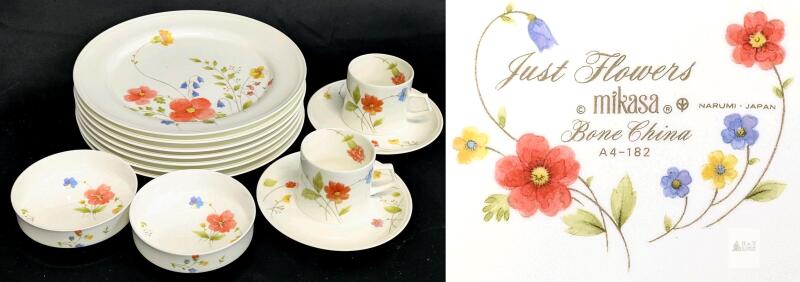 12pc MIKASA Japan - Just Flowers - A4-182 - Dinnerware : 6&times; Dinner Plates 10.5", 2&times; Low Bowls 4.8", 2 Coffee Cups & Saucers, No Chips or Cracks