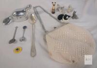 11 Vintage Home Decor Collectables . 5 Dog Figurines , CNR Spoon , 2 Souvenir Spoons , 1 Year Boy Scout Pin , Ladies Purse & Beaver Figure