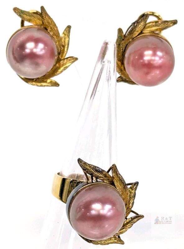 Vintage 3pc Faux Pink Pearl Earrings & Size 7 Ring Set