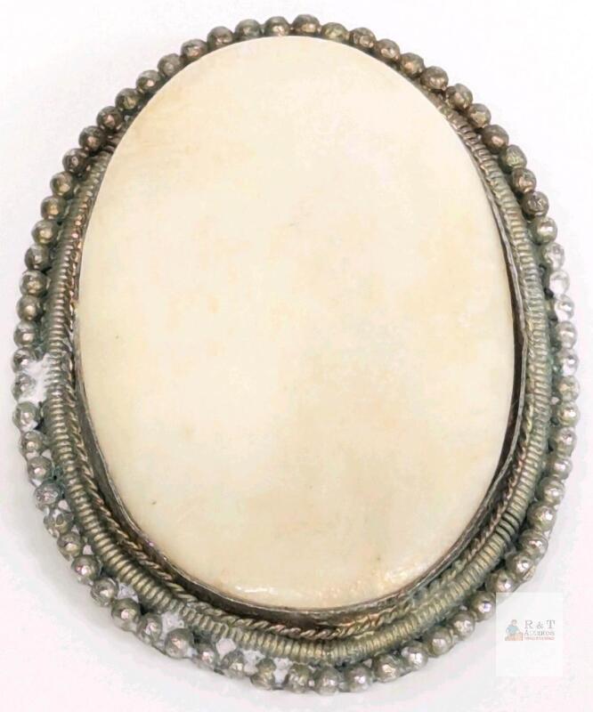 Very Old Large 2.5" Long Bezel-Set Bone Presumed Pendant, Non-Magnetic, Back Takes Polish Well, No Marks/Stamps