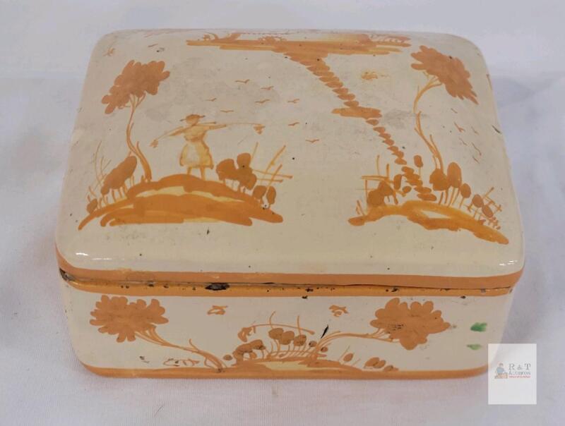 Vintage Asian Theme Hand-Painted Made in Italy Stoneware Trinket Box w/Lid