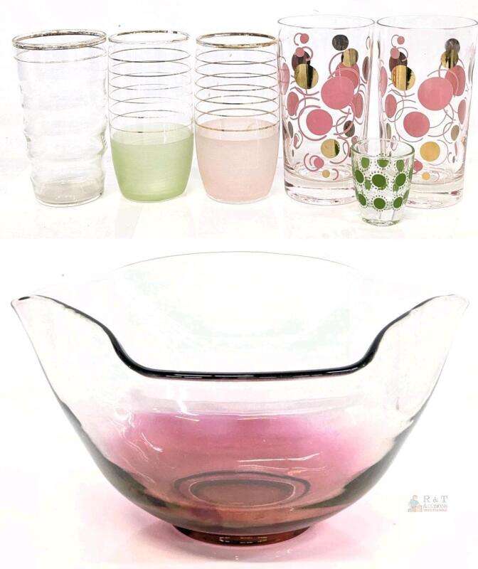 Vintage MCM Pink Gold "Atomic Dots" Cocktail Glass Tumblers, Frosted Striped Barrel Glasses, Ribed Glass, France Polkadot Shot Glass & 5.25" Cranberry Flash Glass Chip Bowl