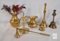 7pc. Brass Lot . Bells , Candle Holder , Candle Snuffer , Vase