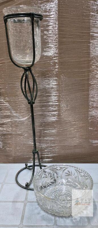 Tall Wrought Iron Crackle Glass Candle Holder Stand & 8.5" Cut Crystal Glass Bowl Set