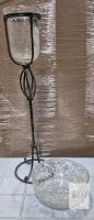 Tall Wrought Iron Crackle Glass Candle Holder Stand & 8.5" Cut Crystal Glass Bowl Set
