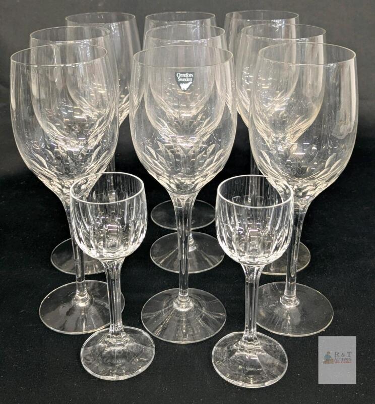 9 ORREFORS Crystal Sweden 8.25" Wine Glasses & 2 Crystal Hock Wine Glasses 5.25" Tall, No Chips or Cracks