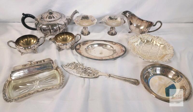 11pc. Silver Plate Lot . Tea Pot , Cream & Sugar , Butter Dish , Trays plus more