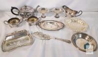 11pc. Silver Plate Lot . Tea Pot , Cream & Sugar , Butter Dish , Trays plus more