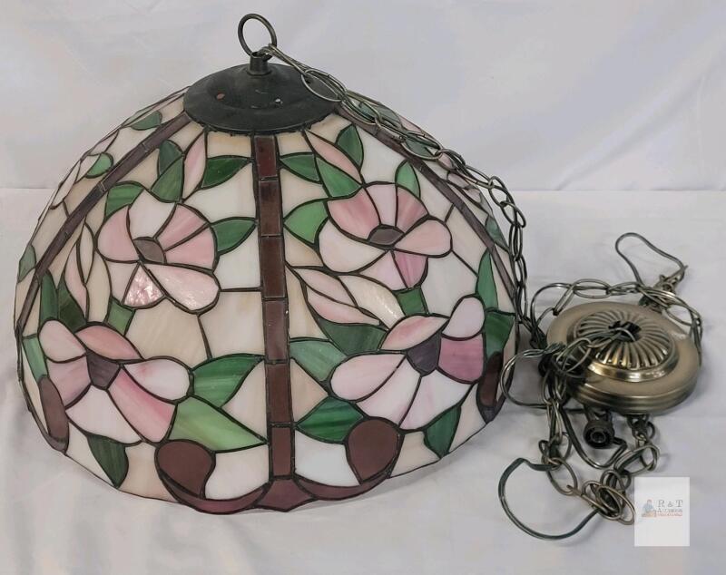 16" Tiffany-Style Stained Glass Floral Pendant Lamp, Pink Green Shade, Chain Mount, Ceiling Canopy