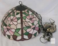 16" Tiffany-Style Stained Glass Floral Pendant Lamp, Pink Green Shade, Chain Mount, Ceiling Canopy