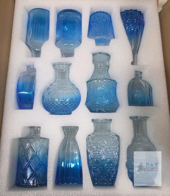 Set of 12 Decorative Blue Pressed Glass Bottles, Mixed Vintage-Inspired Patterns, 6&ndash;8 in Height