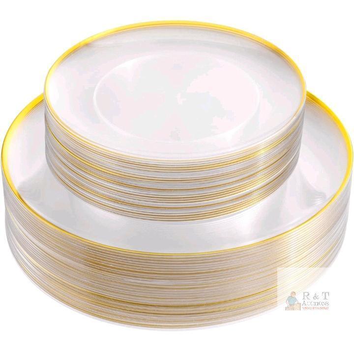 Disposable 120-Piece Plastic Plate Set, Gold Rim, 10.25" Dinner & 7.5" Salad, New in Wrap