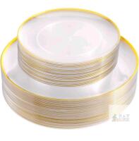 Disposable 120-Piece Plastic Plate Set, Gold Rim, 10.25" Dinner & 7.5" Salad, New in Wrap