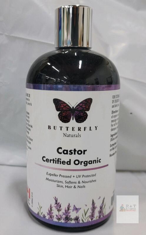 Butterfly Naturals 500ml Certified Organic Castor Oil, Expeller Pressed, Hexane-Free, Sep 2026 Exp