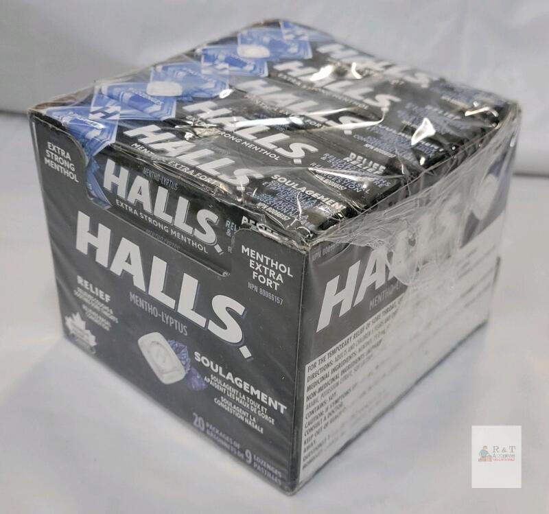 Halls Mentho-Lyptus Extra Strong Menthol Cough Drops, 20 Packs of 9 Lozenges, Exp. May 2027