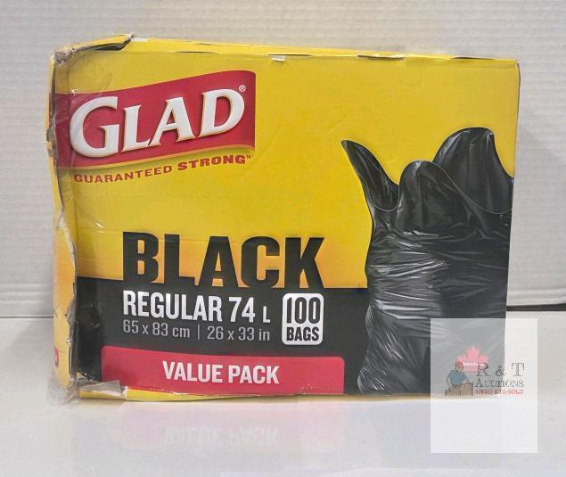 Glad Black Garbage Bags, Regular 74L, 26x33 in, 100 Bags, Made in Canada, Value Pack