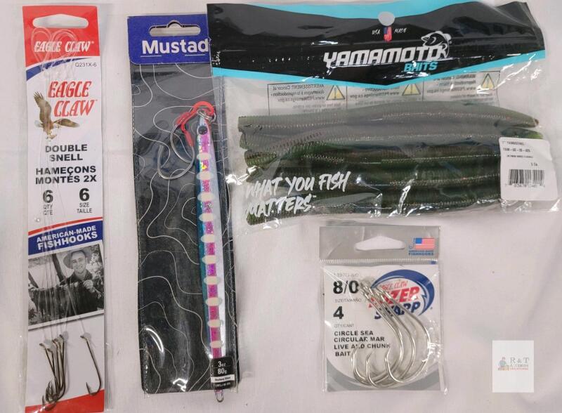 Fishing Tackle Mixed Lot: Eagle Claw Hooks, Mustad Jig, Yamamoto Yamasenko Baits