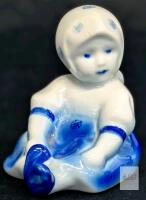 Vintage Zsolnay Pecs Hungary Hand-Painted Little Sitting Peasant Girl Blue and White Figurine, 2.75" No Chips or Cracks