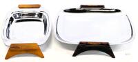 Pair of Vintage MCM Glo-Hill Canada GOURMATES Chrome Serving Dishes With Bakelite Handles/Feet - 5.75" &times; 10.5" &times; 1.5" & 9.25" &times; 10" &times; 1.5"
