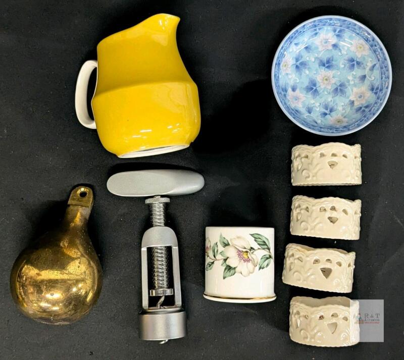 Mikasa Japan Cera-Stone Creamer, Crown Staffordshire Christmas Roses Mustard Pot (Lidless), 4pc Signed Skye McGhie "Cream Lace" Napkin Holders, Japanese Sauce Dish, Fancy Corkscrew & Heavy Brass Counterweight