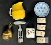 Mikasa Japan Cera-Stone Creamer, Crown Staffordshire Christmas Roses Mustard Pot (Lidless), 4pc Signed Skye McGhie "Cream Lace" Napkin Holders, Japanese Sauce Dish, Fancy Corkscrew & Heavy Brass Counterweight