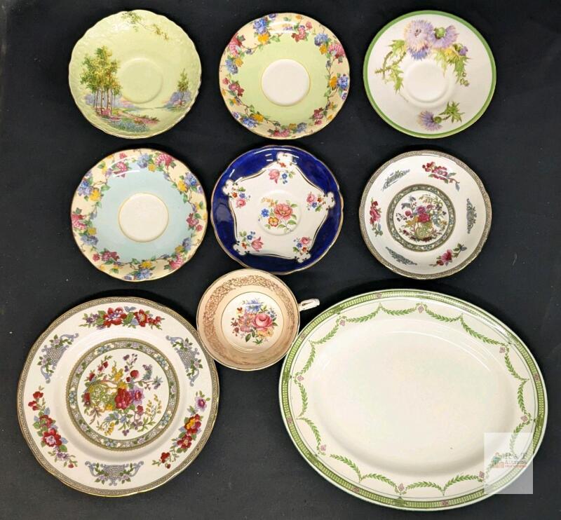 ROYAL DOULTON Pink Stamp Serving Dish 8.75" &times; 11" & Glamis Thistle Saucer, PARAGON "Tree of Kashmir" Saucer & Salad Plate + Teacup + 4&times; AYNSLEY Saucers, All Ring True, No Chips or Cracks