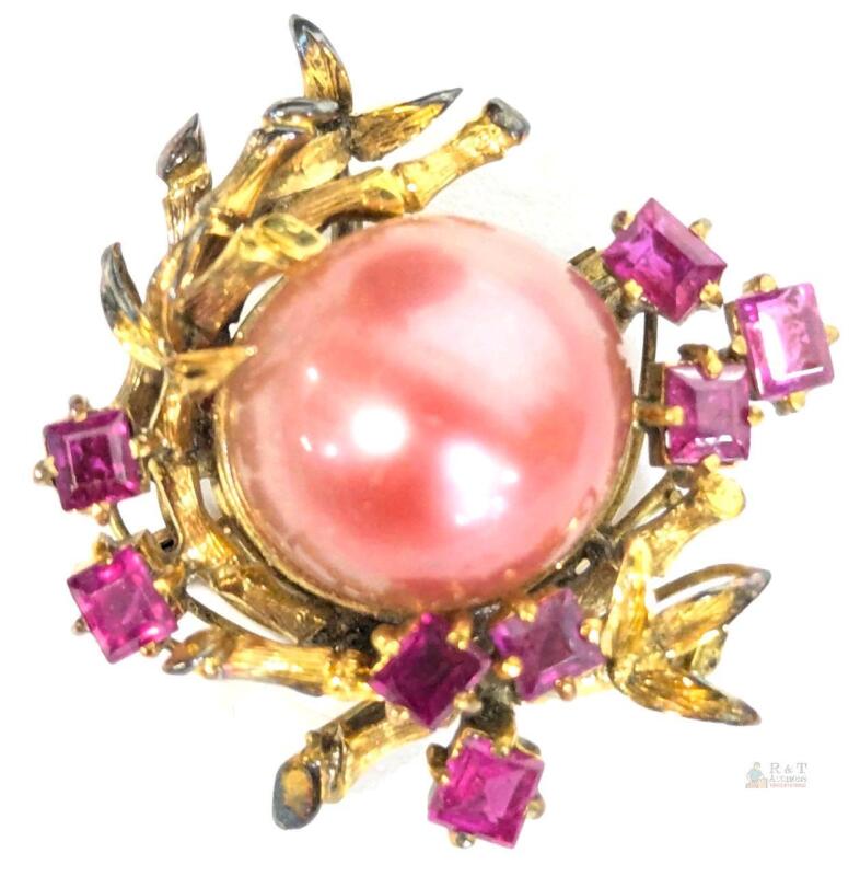 Vintage Faux Pink Pearl Nestled in Bamboo Wreath & Real Prong-Set Rubies, 1.15" Across, With Pendant Loop At Back