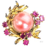 Vintage Faux Pink Pearl Nestled in Bamboo Wreath & Real Prong-Set Rubies, 1.15" Across, With Pendant Loop At Back
