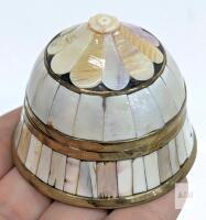 Vintage Moroccan Brass Trinket / Ring Box With Bone & Shell Inlay, 1.8" Tall, Stamped "46" Inside Lid & Body