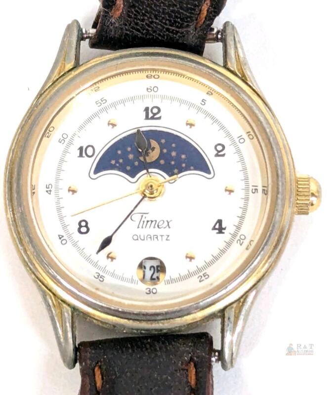 Vintage Moon Phase Women's Quartz Watch - White Dial, Classic 24 hour Sun/Moon Watch With Date, Leather Strap