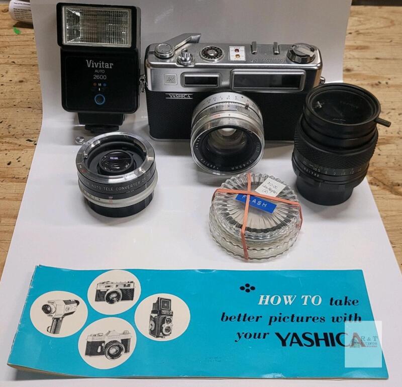 Vintage Yashica Eletro 35 SLR 35mm Camera w/45mm Lens (attached) , Fujinon 55mm Lens , Auto Tele Converter 2&times; Len & 2 Lens Adapters plus Vivitar Auto Flash