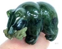 Tiny 1" Presumed Nephrite Jade Bear with Fish Carving, No Obvious Chups, Roughness On Edge of Fish Tail