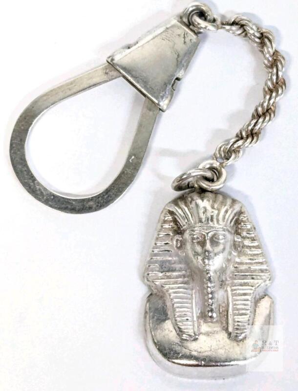 Vintage Hallmark Sterling Silver Egyptian Revival King Tut Pharaoh Key Chain / Watch Fob, 5" Long
