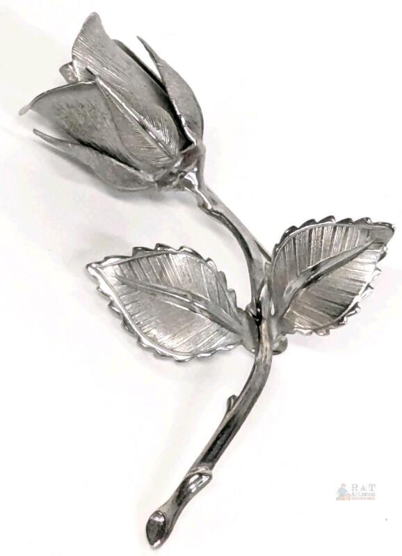Vintage Signed GIOVANNI Rose Brooch, Brushed Metal, 2.6" Long