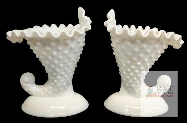Pair of Vintage Fenton Hobnail Milk Glass Cornucopia Candleholders, 6.25" Tall, Stickers Present (Details Worn Away)