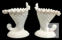 Pair of Vintage Fenton Hobnail Milk Glass Cornucopia Candleholders, 6.25" Tall, Stickers Present (Details Worn Away)