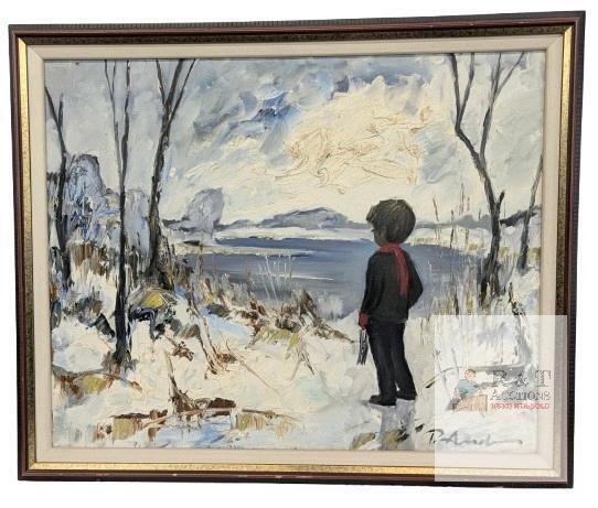 Vintage Oil on Canvas, Boy With Skates by Pond, Signed P Anders, 33.5" &times; 28" Framed