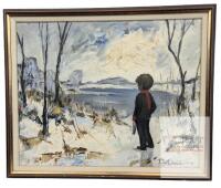 Vintage Oil on Canvas, Boy With Skates by Pond, Signed P Anders, 33.5" &times; 28" Framed