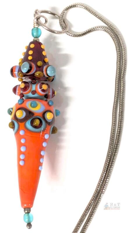 Funky Unique Handmade Vibrant Lampwork Pendant (4" Long) with Spinnable Sections on 30" Long Lightly Magnetic Snake Chain
